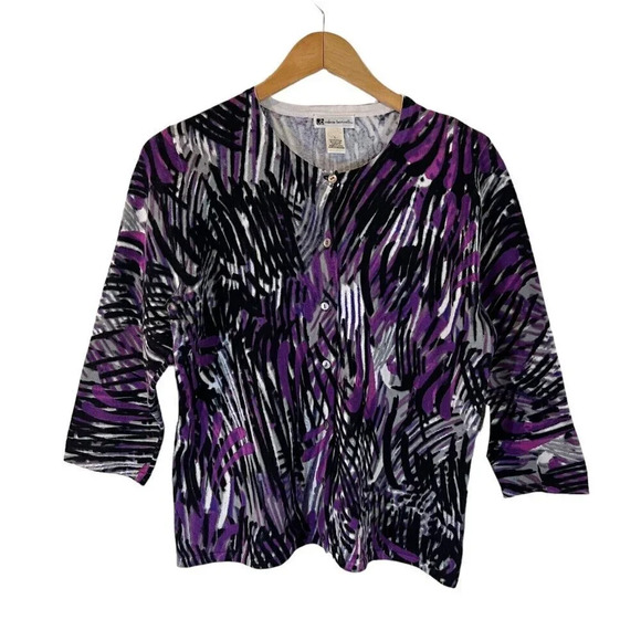 Valerie Bertinelli NEW Abstract Stripes Cardigan Vibrant Purple Gray Black White - Picture 1 of 6
